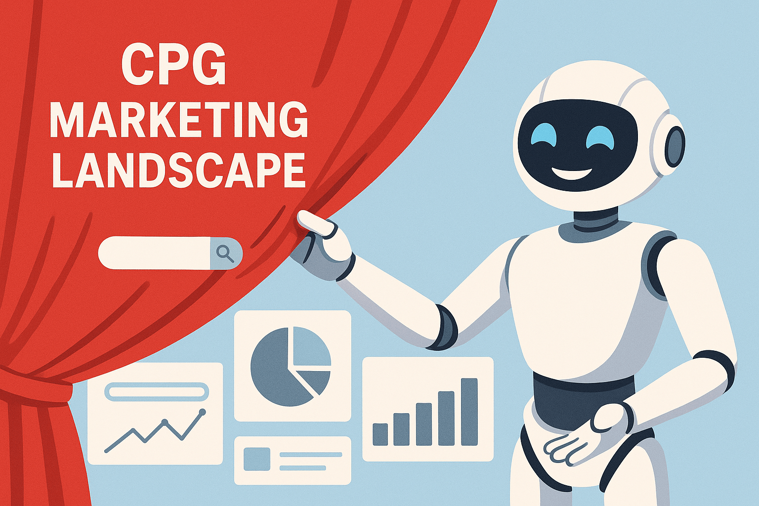 Friendly cartoon robot pulls back a red curtain titled ‘CPG Marketing Landscape,’ revealing a search bar and various data graphics—line chart, pie chart, bar chart—against a blue backdrop.