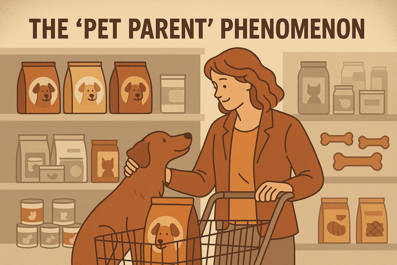 Illustration titled ‘The Pet Parent Phenomenon’ showing a smiling woman in a grocery aisle placing a paw‑print bag of dog food into her cart while affectionately patting her dog, surrounded by shelves of pet‑food products