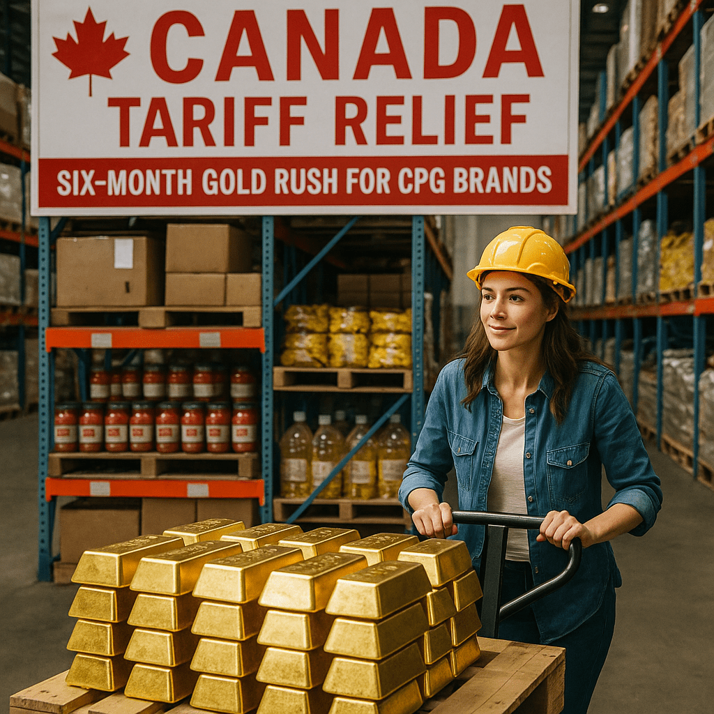 Woman in a warehouse pushing a pallet jack stacked with gold bars under a large banner reading ‘Canada Tariff Relief – Six‑Month Gold Rush for CPG Brands,’ illustrating cost‑saving opportunity